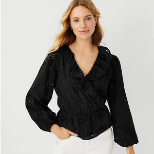 Women’s Tall Ruffle Eyelet Wrap Top Small Tall ST S NWT Ann Taylor black Shirt